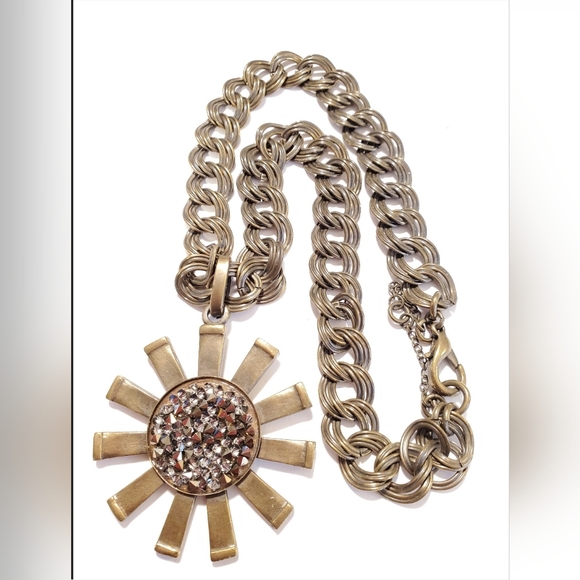 YOSCA Solid Bronze Swarovski Bead Center Sun Pendant Double Chain Curb Necklace - Picture 1 of 7